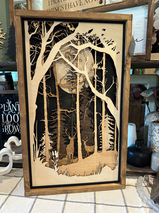 Layered Moon and deer scene